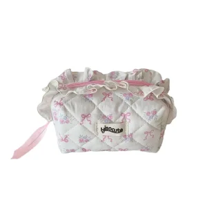 Coquette Style Ruffle Trim Quilted Pencil Case Floral & Bow Print Frill Edge Pen Organizer Soft Padded Stationery Pouch