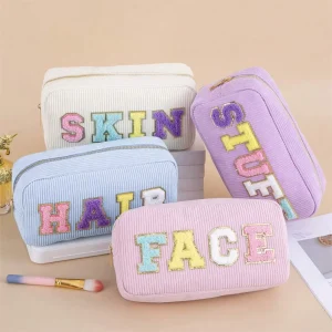 Corduroy Cosmetic Bag for Women Custom Letter Embroidery Travel Toiletry Pouch Portable Makeup Organizer