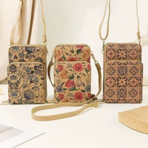 Cork Cell Phone Mini Shoulder Small Crossbody Bag for Women Three Zippers Messenger Bag for Ladies
