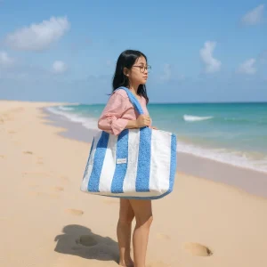 Cotton Extra Large Striped Towel Beach Bag Quick Dry Bath Beach Terry Cloth Bag with Embroidered Tote Bag