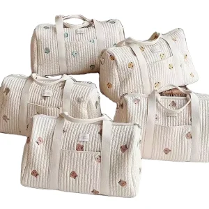 Cotton Fabric Diaper Organizer with Lovely Cartoon Bear Embroidery Print Pattern Stroller Baby Bag for Mommy Tote Bags