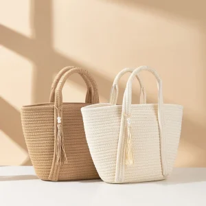 Cotton Rope Shoulder Bag Large Capacity Woven Bag Beach Bag Handheld Basket Artistic Handbag Versatile Rest