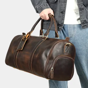 Crazy Horse Leather Men’s Travel Bag with Shoe Pouch Waterproof Leather Travel Duffle Bag