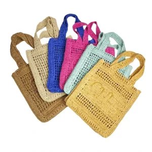 Crochet Foldable Large Capacity Handmade Bag for Holiday Single Shoulder Handmade Woven Bag Letter Embroidered Straw Bag