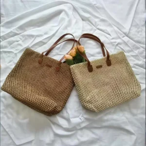 Cross border Factory Pure Hand woven Bags Large Capacity Casual Straw Woven Beach Shoulder Bags