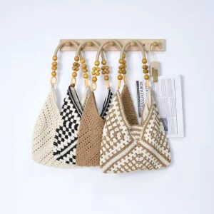 Cross border Factory Pure Hand woven Ladies’ Single shoulder Wooden Bead decorated Beach Bag