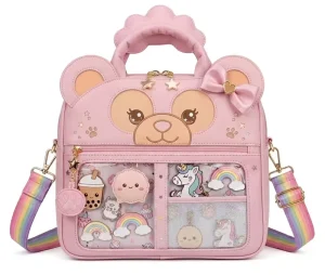 Custom Adorable Pink Bear Ita Backpack Bag Kawaii PU Leather Clear Window Shoulder Crossbody Bag for School/Daily