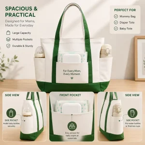 Custom Baby Tote Bag Green Canvas Mommy Diaper Bag with Multi Pockets for Nursing Travel Hospital and Baby Essentials Storage