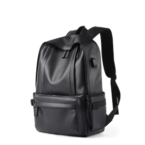 Custom Backpack Large Capacity Men School Bag Laptop Back Pack USB Black Pu Leather Backpack for Men
