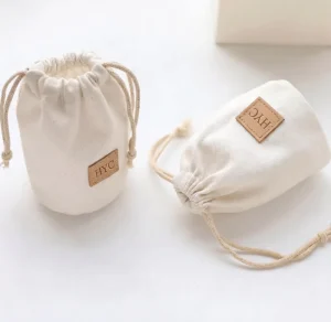 Custom Canvas Drawstring Dust Bags Round Bottom Cotton Pouch with Personalized Leather Logo