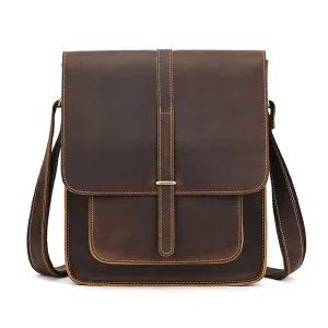 Custom Cross-Border Vintage Casual Men’s Genuine Leather Waterproof Shoulder/Crossbody Messenger Bag Crazy Horse Vertical Flip