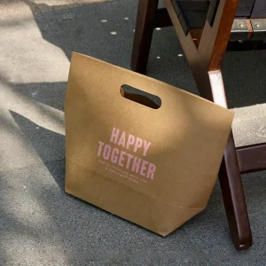 Custom Eco-Friendly Kraft Paper Bakery Shopping Bag with Die Cut Handles for Takeaway Packaging of Bread Cake Dessert & Sushi