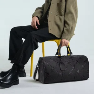 Custom Embossed Impression Logo Duffle Bag Casual Large Capacity Fitness Outdoor Travel Zipper Soft Handle PU Material