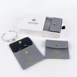 Custom Embossed Logo Gray Faux Leather Travel Cosmetic Dust Pouch High End Drawstring Recyclable Jewelry Gift Watch Makeup Bag