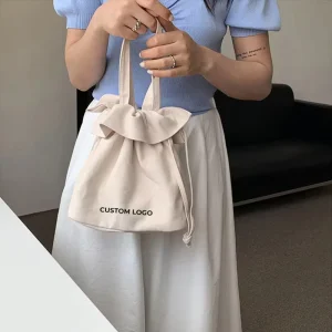 Custom Embroidery Logo Mini Tote Handbag Reusable Eco Friendly Fashion Drawstring Small Canvas Drawstring Pouch Bags