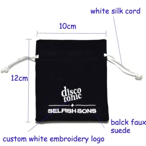 Custom Embroidery Logo Small Black Velvet Suede Drawstring Jewelry Pouch Bag