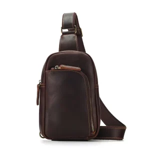 Custom Genuine Leather Vintage Men’s Chest Messenger Shoulder Bag Polyester Waterproof Durable Large Capacity Zipper Closure