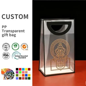 Custom Gold Foil Logo Print Clear PP Gift Bag Transparent Plastic Tote Bag with for Luxury Brand Boutique Packaging