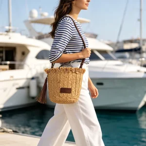 Custom Handcrafted Bohemian Vintage Straw Tassel Shoulder Bag With Chains For Women