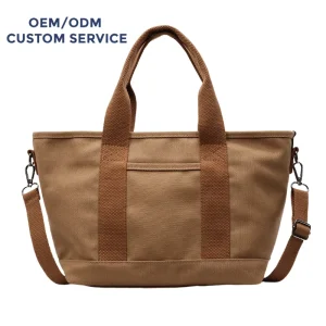 Custom Heavy Duty Chocolate Brown Canvas Shoulder Tote Women Mini Canvas Crossbody Bag With Detachable Cotton Webbing Strap