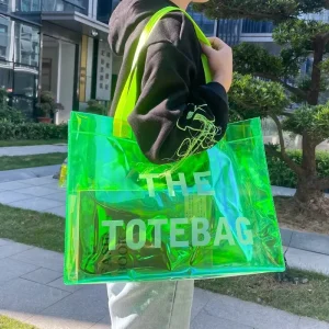 Custom Holographic PVC Shopping Tote Handbag Plastic Packaging Beach Bag For Clothing Stores Personalized Gift Bag Customization