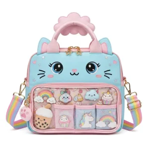 Custom Kawaii Girls Cat Ita Bag PU Leather Kids Daily School Crossbody Bag with Clear Window for DIY Pin Display