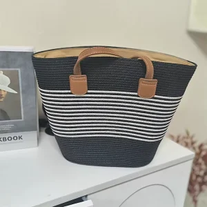 Custom Large Capacity Beach Stripe Tote Bag Supermarket Shopping Portable Fashion Hand Woven Straw Women’s Travel Accessory