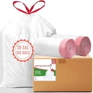 Custom Logo 39 Gallon White Trash Bags Red Drawstring Heavy Duty Multi-purpose Garbage Bags Can Liners for Business