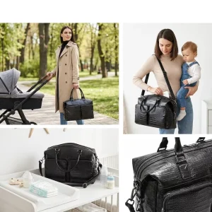 Custom Logo Alligator Vegan PU Leather Black Maternity Hospital Large Capacity Portable Baby Diaper Bag for Mothers