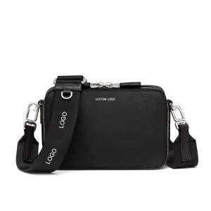 Custom Logo Black PU Saffinao Leather Casual Men Mini Crossbody Sling Sports Bagpack Shoulder Letter Messenger Bags