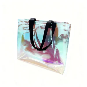 Custom Logo Blank Transparent Holographic Iridescent Laser Effect PP Tote Bag Black Fabric Ribbon Handle Supermarket Reusable