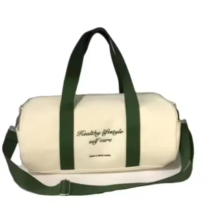 Custom Logo Canvas Fitness Tote Bag Designer Duffel Bag Green Webbing Strap Cream White Cylinder Handbag