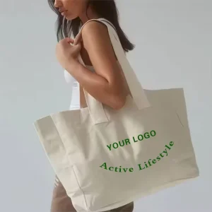 Custom Logo Eco friendly Organic Reusable Cotton Canvas Bag Zipper Oversized Weekend Party Gym Tote Women Printed Shopping Bags
