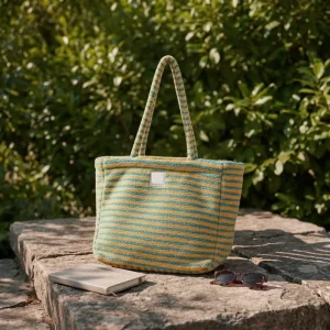 Custom Logo Foldable Eco Friendly Striped Pattern Towel Beach Tote Bag with Open Closure for Ladies Outdoor Use