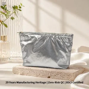 Custom Logo Foldable Metallic Silver Foil TSA Travel Makeup Bag Pochette Cosmtique Luxe Canvas Lining