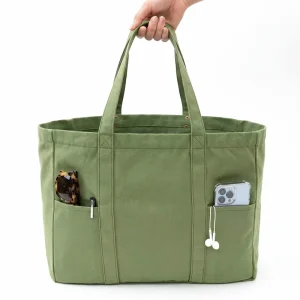 Custom Logo Green Canvas Tote Bag Laptop Compartment Heavy Duty Multi Pocket Shoulder Bag Eco Friendly Low MOQ For Women