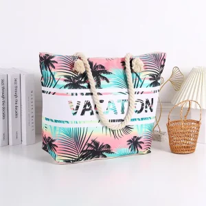 Custom Logo Large Beach Bags for Women Palm Tree Canvas Beach Bag Totes Shoulder Bag Handbag for Travel Gym Swim