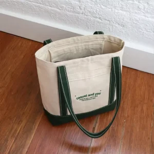 Custom Logo Large Big Thick Reinforced Strong Handle Green Cotton Canvas Gift Tote Shopping Bag With Embroidery Logo