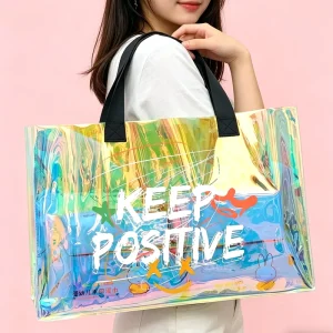 Custom Logo Laser Holographic Clear PVC Shopping Tote Bag with Long Handle for Daily Use
