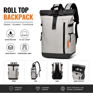 Custom Logo Men’s Expandable Laptop Backpack Waterproof Oxford with Roll Top Business Travel Bag Casual Sports Style