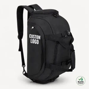 Custom Logo Multifunctional Waterproof Black Nylon Polyester Sports Fitness Backpack Travel Gym Duffel Bag With Shoe Compartment