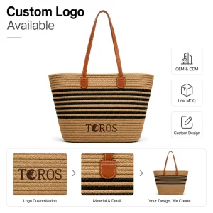 Custom Logo Natural Woven Tote Bag Striped Paper Rope Ladies Beach Handbag OEM ODM Eco Friendly