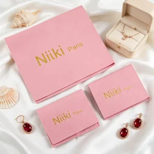 Custom Logo Pink PU Leather Jewelry Storage Bag Flip Top with Inside Layer Pouch for Earrings Rings Necklaces Gift Packaging Eco