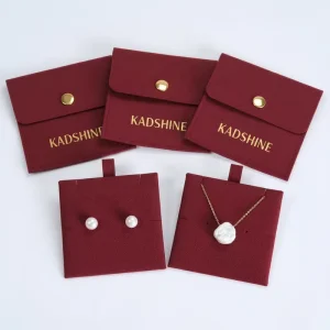 Custom Logo Portable Burgundy Jewelry Pouch with Button Suede Microfiber Velvet Bag for Jewellery Storage and Gift Packaging