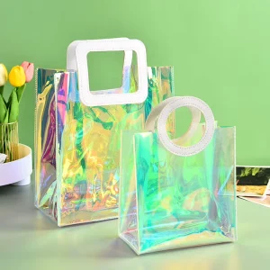 Custom Logo Printed Durable Ribbon Design with Handle for Wedding Party Flower Gift Packaging PVC Clear Handbag