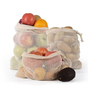 Custom Logo Printed Eco Friendly Reusable Pure Cotton Mesh Bags Packaging Vegetable Fruit Drawstring Bag Home Storage Mesh Bag