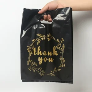Custom Logo Printed Fold Plastic Black Thank You Bags Plastic Die Cut Handle Carry Shopping Packaging Bags With Handle