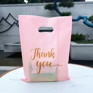 Custom Logo Printed Fold Plastic Pink Thank You Die Cut HDPE LDPE Handle Carry Shopping Packaging Bags