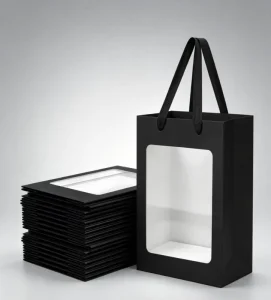 Custom Logo Printed Paper Gift Bags With Luxury Flower Packaging Clear Window Ribbon Handles Custom Logo For Clothing