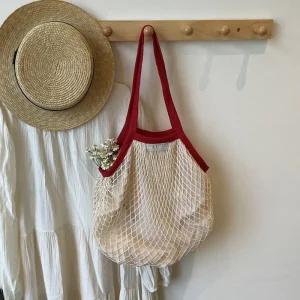 Custom Logo Printed Reusable Tote Large Size White Cotton Mesh Net Shopping Bag with Lining Shoulder Strap for Advertising Use